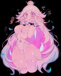 1girls black_background bodysuit boosette choker embarrassed female female_focus female_only manacles mario_(series) pink_theme royal rule_63 shy solo solo_female solo_focus super_crown thick_thighs usa37107692 very_long_hair white_hair