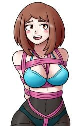 2024 blue_bra blue_panties boku_no_hero_academia bondage bound brown_eyes brown_hair embarrassed female female_only femsub my_hero_academia ochako_uraraka pantyhose pink_rope png rope rope_bondage roythelucario self_upload smile transparent_background