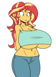 1girls alternate_breast_size arms_behind_back bare_midriff bare_shoulders beige_background big_breasts blue_eyes blue_shirt breasts busty clavicle cleavage clothed clothes clothing collar_bone curvy cyan_eyes equestria_girls female female_only fire_hair friendship_is_magic gluteal_fold hair hourglass_figure huge_breasts human human_only humanized humanoid jeans large_breasts long_hair looking_at_breasts looking_down midriff multicolored_hair my_little_pony navel orange_skin personification red_hair reiduran simple_background solo solo_female sunset_shimmer tank_top tight_clothing two_tone_hair underboob white_background wide_eyed yellow_hair yellow_skin