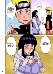 1boy 1girls big_breasts black_hair blonde_hair breast_poke breasts cleavage clothed comic comic_page embarrassed english english_dialogue english_text female_pervert hyuuga_hinata hyuuga_hinata large_breasts long_hair naruho naruto naruto_(series) text translated uzumaki_naruto uzumaki_naruto