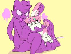 4:3 amai_puwai_(artist) amai_puwai_(character) anthro balls bodily_fluids domestic_cat eyelashes felid feline felis foreskin girly goo_creature gynomorph hi_res humanoid_penis intersex lagomorph leporid male mammal missy_(amai_puwai) penis rabbit uncut