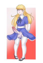 1futa aged_up alice_(megami_tensei) balls big_penis cage_(artist) casual clothing dickgirl dress dress_lift erection eyelashes footwear futa_only futanari humanoid intersex legwear megami_tensei pale_skin penis shin_megami_tensei small_but_hung solo solo_futa testicles thighhighs white_legwear yellow_eyes