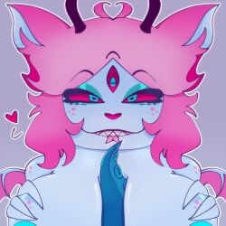 3_eyes blue_skin boobjob breasts chubby demon emberlynn_pinkle emberlynn_pinkle_(demon_form) freckles furry heart heart-shaped_pupils helluva_boss horn leaking_cum multi_eye pink_hair tentacle tongue tongue_out