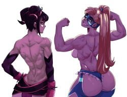 2girls ass back_view flexing juri_han long_hair muscles rainbow_mika short_hair sideboob street_fighter topless