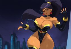 ai_generated black_hair city city_background cityscape corset dark-skinned_female dark_skin dc dc_comics evil large_breasts mullon novelai ponytail supervillain supervillainess superwoman thick_thighs thighhighs