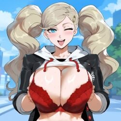 ai_generated ann_takamaki black_jacket blonde_hair blue_eyes bra cleavage clothes_lift creamy_ai curvy hood hoodie hoodie_lift jacket large_breasts narrow_waist one_eye_closed persona persona_5 red_bra shuujin_academy_uniform skirt upper_body