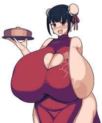 1girl big_breasts blush boob_window borscht borscht_(artist) breasts breasts_bigger_than_head chubby chubby_female cleavage clothed clothing female female_only fully_clothed huge_breasts no_bra oyatsu_company pixel_art revealing_clothes sideboob unnamed_character