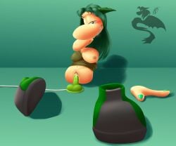 badraydragon creampie cum cum_in_pussy cum_inside cum_pump dildo fan_character green_hair humanoid nocnafifi rayman rayman_(series) rayman_oc riding_dildo self_insert sweat sweating_female