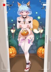 absurd_res animal_ears blue_hair breasts collar condom condom_accessories egg_vibrator exhibitionism grim_reaper_hana_(guardian_tales) guardian_tales halloween hana_(guardian_tales) handcuffs highres id_card kuda_aer_(artist) leg_cuffs legwear long_gloves magenta_eyes medium_breasts mouth_gag nipple_clamps pumpkin recording tail thighhighs urethral_beads white_gloves white_legwear writing_on_breasts