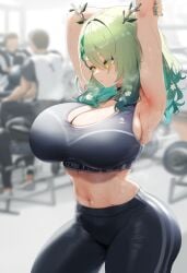 ai_generated big_breasts breasts ceres_fauna cleavage green_hair green_nails gym hololive hololive_english hololive_english_-council- hololive_english_-promise- horns large_breasts leggings navel sideboob sports_bra sportswear stretching sweat thick_thighs virtual_youtuber vtuber yellow_eyes yoga_pants