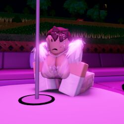 1girls 3d big_breasts blonde_hair breasts catsulithr34 cleavage clothed on_knees pole_dancing roblox roblox_avatar robloxian self_upload tagme