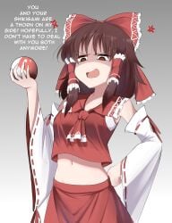 1girls absurd_res absurdres armpits bagelbomb brown_hair clothes english_text female female/female femdom femsub light-skinned_female light_skin long_s miko offscreen_character offscreen_female pale-skinned_female pale_skin red_eyes reimu_hakurei shrine_maiden small_breasts touhou ying_yang_symbol yuri