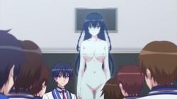 16:9_aspect_ratio 1girl black_eyes black_hair blue_eyes bow breasts classroom completely_nude curvy groin himekawa_hayuru hologram kadokawa large_breasts legs long_hair male masou_gakuen_hxh miyai_kana multiple_boys nipples nude screen_capture seductive_body sexy_vagina standing teenage teenage_girl twintails vagina young