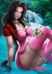 aerith_gainsborough brown_hair detailed_background dress female final_fantasy final_fantasy_vii flower green_eyes linarahe nature panties pink_panties river sitting solo upskirt vegetation water waterfall watermark