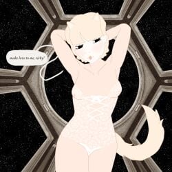 bedroom_eyes belly_button black_eyes blonde_hair blush cat_ears cat_tail catgirl facepaint half_lidded_eyes jane_doe_(ride_the_cyclone) lace lingerie lyrics no_pubic_hair outer_space ride_the_cyclone self_upload solo text text_bubble variant_set