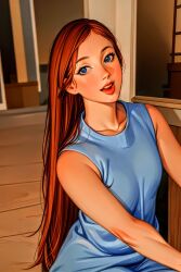 1girls 3d adult ai_generated attractive beautiful blue_dress blue_eyes breasts colorful female girl human long_hair milf open_mouth orange_hair smile solo