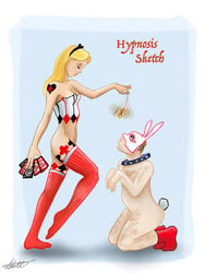 1boy 1boy1girl 1girls alice_(disney) alice_in_wonderland alice_in_wonderland_(1951_film) alice_liddell alternate_costume blonde_hair body_markings bottomless brown_hair bunny_boy bunny_ears cards christopher-stoll christopher_stoll cleavage closed_eyes collar corset digital_media_(artwork) disney domination dominatrix fake_animal_ears fake_tail female female_domination femdom headband heart human human_only kneeling malesub mask midriff mind_control nude pendulum pet_play pink_eyes short_hair socks tattoo text thighhighs tights topless white_background white_rabbit_(wonderland)