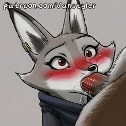 ai_generated anthro blowjob blush deepthroat dreamworks drooling fox fox_ears grey_fur kung_fu_panda kung_fu_panda_4 oral patreon vanstyler zhen_(kung_fu_panda)