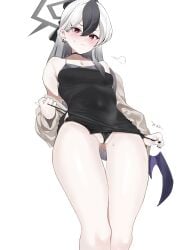 black_nails blue_archive blush cameltoe collarbone dress earrings embroidered_panties female halo highres jewelry kayoko_(blue_archive) kayoko_(dress)_(blue_archive) mole mole_on_neck multicolored_hair nail_polish osanpo02 panties panty_pull short_dress thighs two-tone_hair underwear