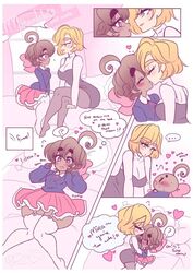 !? bedroom blonde blonde_hair blue_eyes brown_hair clothed cute hug kissing original_character original_characters peachpurin pink_bow purple_eyes yuri