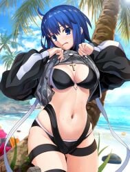 absurdres ahoge beach bikini bikini_under_clothes black_bikini black_jacket blue_eyes blue_hair blue_sky blush breasts c.i.e.l_(fate) ciel_(tsukihime) clothes_lift cropped_jacket cross cross_necklace dress_swimsuit fate/grand_order fate_(series) female grey_one-piece_swimsuit harukey highres jacket jewelry large_breasts long_sleeves looking_at_viewer melty_blood navel necklace one-piece_swimsuit open_mouth palm_tree shore short_hair sky solo swimsuit thighs tree tsukihime type-moon