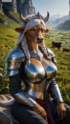 ai_generated animal_ears anthro armor artist_name braid breasts cleavage day female female_anthro field furry furry_female hi_res high_resolution highres horns large_breasts long_hair mountain mountainous_horizon outdoors pauldrons photorealistic realistic shoulder_armor sitting sky solo stable_diffusion tail twin_braids twitter twitter_username watermark white_hair yiffyjiffy2 yiffyjiffy69