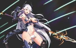 armor blood blood_on_face breasts epic7 highres horns jeongjae_(jj) large_breasts luna_(epic7) nipples polearm red_eyes spear tail torn_clothes weapon white_hair