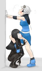 1futa 1girls against_wall ahe_gao asahi_(shin_megami_tensei_iv_final) bangs belt big_penis black_hair black_legwear blowjob blue_dress blush bottomless clothed clothing colored crouching duo earrings erection fellatio female fully_clothed futa_on_female futanari human leg_lock leg_lock_fellatio leg_up light-skinned_female light-skinned_futanari light_skin long_hair maximumpingas megami_tensei mostly_clothed oral orgasm rolling_eyes sex shin_megami_tensei_iv_final squatting standing toki_(shin_megami_tensei_iv_final) tongue tongue_out white_background