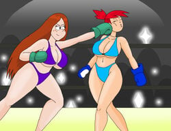 2girls big_breasts bikini blue_bikini blue_boxing_gloves blue_gloves boxing boxing_gloves boxing_ring breasts catfight cleavage female female_only fight fighting_ring foster's_home_for_imaginary_friends frankie_foster gloves gravity_falls large_breasts legs light-skinned_female light_skin long_hair navel punching purple_bikini red_hair short_ponytail smile smilesaidboredgirl straight_hair swimsuit thighs turquoise_boxing_gloves turquoise_gloves wendy_corduroy wide_hips