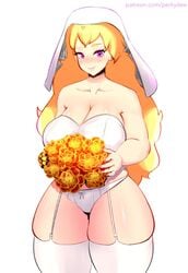 1girls alternate_breast_size alternate_outfit artist_name blonde_hair bouquet breasts cleavage clothing curvaceous curvy deee eye_contact female female_only flower hair half-closed_eyes huge_breasts lingerie long_hair looking_at_viewer panties patreon purple_eyes rwby solo text thick_thighs thighhighs url watermark wide_hips yang_xiao_long