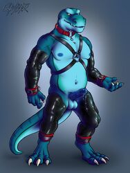 1boy 2018 anthro balls belly blue_body blue_nipples bodily_fluids bondage bound by-nc-nd clothed clothing collar countershade_torso countershading creative_commons digital_media_(artwork) digitigrade dragomar erection feet furry genital_fluids handcuffs harness hi_res humanoid_penis leather lizard male male_only mature_male model_sheet musclegut muscular nipples nude obfuscator partially_clothed pecs penis precum reptile rubber rubber_suit scalie shackles simple_background slightly_chubby solo underwear yellow_eyes