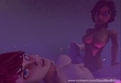 2girls 3d animated bioshock bioshock_infinite blue_eyes brown_hair elizabeth_comstock female female_only goodbadrobot human lighting lips_parted looking_at_viewer lying_down lying_on_back mp4 music naked nude nude_female parted_lips perky_breasts selfcest sex sex_toy short_hair sound standing standing_sex strap-on training trainingspacestation video