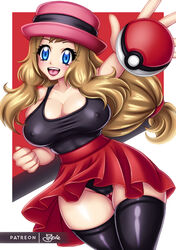 1girls black_legwear black_panties blonde_hair blue_eyes breasts cleavage hat human_only large_breasts long_hair nipple_bulge open_mouth panties pokeball pokemon pokemon_xy red_skirt serena_(pokemon) serena_(pokemon_games) sevie skirt tank_top thigh_gap thighhighs thighs tongue