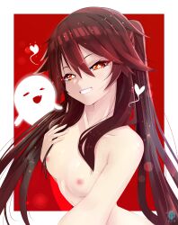 bicio blush breasts brown_hair female genshin_impact ghost hu_tao_(genshin_impact) long_hair looking_at_viewer smile solo symbol-shaped_pupils