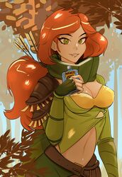 1girls arrow belly dota dota_2 female female_focus female_only fully_clothed green_eyes juice lerimar lyralei orange_hair russian simple_background tagme tied_hair windranger