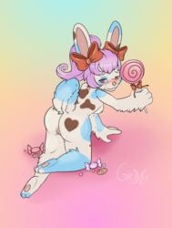 absurd_res anthro big_breasts blush bodily_fluids bow breasts candy chibi cum digital_media_(artwork) female food fur genital_fluids grimix hair hi_res lagomorph leporid lollipop looking_at_viewer mammal mox nipples nude ponytail pussy rabbit simple_background solo