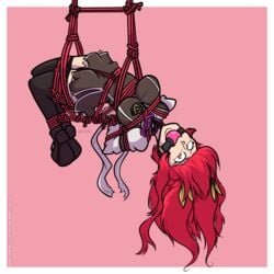 ball_gag bondage gag hogtie rakudai_kishi_no_cavalry rope_bondage stella_vermillion suspension waltodile