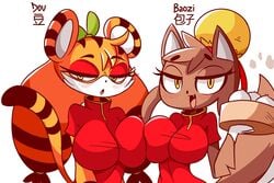 1girls 2girls :3 anthro baozi_(diives) bun_cover character_name dou_(diives) double_bun female female_focus female_only fur furry looking_at_viewer lucyfercomic original original_character original_characters smile white_background xingzuo_temple