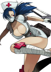 +_+ bandage blue_hair breasts cleavage comic female highres huge_breasts long_hair mask nishiide_kengorou nurse ponytail red_eyes saw simple_background skullgirls solo thighs valentine_(skullgirls) white_background