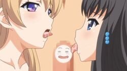 2girls 3some animated blonde_hair blue_eyes collaborative_fellatio dark_hair erection eroge!_h_mo_game_mo_kaihatsu_zanmai fellatio fujiwara_momoka hair_ornament happy himeno_kisara multiple_girls oral penis penis_with_face purple_eyes teamwork threesome tongue