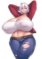 1girls arms_behind_head belt breasts clothed_female curvy female_only gigantic_breasts jacket jeans red_eyes thick thick_thighs thighs torn_clothing torn_jeans tubetop vella_(debaucheryninja) voluptuous white_hair zako_(arvinry)