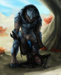 3033 alien anal anal_sex animal_genitalia auguscus_acilcolus balls blue_penis duo erection eye_contact eye_patch eyewear foot_grab genital_slit interspecies krogan looking_at_another male male/male mass_effect nude penetration penis piledriver_position sex slit thigh_grab turian video_games