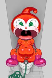 2013 a- anpanman anthro anus bloated_belly censored cute_fangs dokin-chan female green_eyes hi_res navel nipples open_mouth public_toilet pussy solo toilet