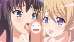 2girls animated bisexual censored collaborative_fellatio eroge!_h_mo_game_mo_kaihatsu_zanmai fellatio french_kiss fujiwara_momoka himeno_kisara licking mosaic_censoring multiple_girls penis straight teamwork threesome tongue tongue_kiss