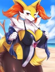 1girls 5_fingers ? anthro anthrofied areolae armpits ass beach big_breasts big_ears big_tail black_fur blue_background blush braixen breasts cameltoe canine chubby cleavage clothed clouds day eye_contact eyelashes female fox furry half-closed_eyes huge_breasts large_breasts looking_at_viewer mleonheart nintendo nipples ocean orange_eyes orange_fur original_character outdoors pokémon_(species) pokemon pokemon_(species) pokemon_xy pose revealing_clothes ribbon sand sideboob sky solo standing stick swimsuit tail thick_thighs water white_fur wide_hips yellow_fur