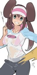 1futa belly blue_eyes bra breasts brown_hair bulge cleavage dickgirl double_bun erection ettone eye_contact futanari game_freak grin hat intersex leggings looking_at_viewer midriff navel nintendo pantyhose penis pokemon pokemon_bw2 pokemon_trainer pose ribbon rosa_(pokemon) see-through shirt skirt skirt_removed smile source_request standing teeth testicles text thigh_gap undressing wet wet_clothes wet_shirt white_background