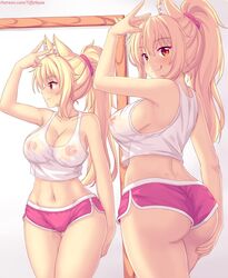 :3 areolae ass ass_grab blonde_hair blush cat_ears catgirl clothing large_breasts long_hair nipples orange_eyes ponytail see-through short_shorts smile thighs tiffy tiffynyaa tongue_out v