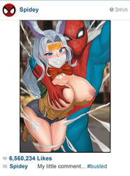 1boy 1boy1girl 1girls absurd_res areola areolae arms_tied_behind_back athletic athletic_female big_breasts blue_eyes blush blushing bound bow_tie breast_grab breasts breasts_out_of_clothes bunny_ears bunny_girl busty captured cleavage curvaceous curvy curvy_figure defeated defeated_villainess digital_media_(artwork) exposed_breasts eyebrows eyelashes eyes faceless_male female fit fit_female fle-en fle_en gag gagged grabbing_another's_breast hair hand_on_breast hero hips hourglass_figure huge_breasts human humiliation large_breasts legs light-skinned_female light-skinned_male light_skin lim lim_(ueyy4758) lips long_hair lorina_dodson male marvel marvel_comics mask mature mature_female nipples peter_parker photo rabbit_ears ripped_clothing ryosuart ryske selfie social_media spider-man spider-man_(series) straight straight_hair superhero supervillain supervillainess thick thick_legs thick_thighs thighs top_heavy upper_body villain villainess voluptuous waist web web_gag white_hair white_rabbit white_rabbit_(marvel) wide_hips