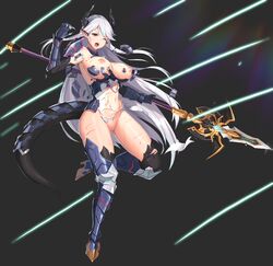 absurdres armor blood blood_on_face breasts epic7 highres horns jeongjae_(jj) large_breasts luna_(epic7) nipples polearm red_eyes spear tail torn_clothes weapon white_hair