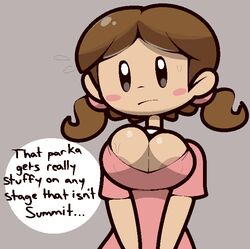 1girls big_breasts breasts brown_hair clothing dialogue female female_only human human_only ice_climber light-skinned_female light_skin looking_at_viewer mob_face nana_(ice_climber) nintendo pigtails pink_shirt shirt shortstack simple_background solo speech_bubble twintails vilepluff visible_nipples